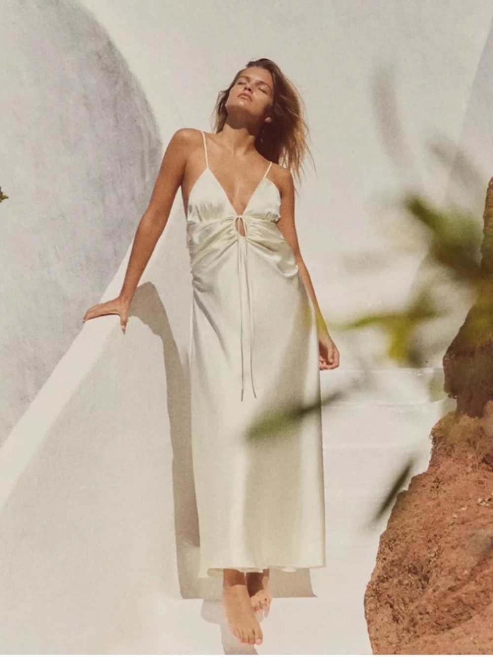 Zara Satin Slip maxi Dress with Front Tie in Ivory